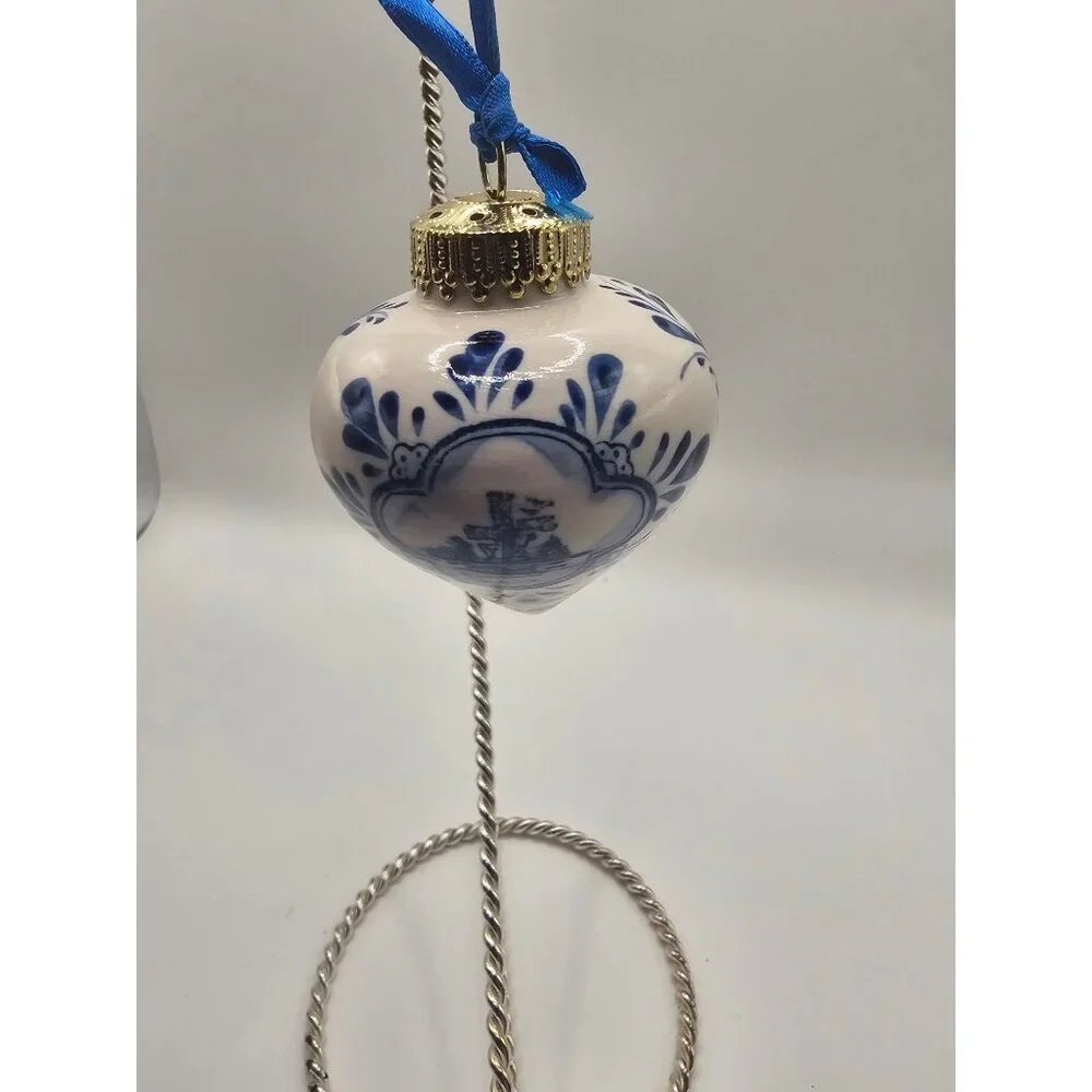 Holland Delft Blue Windmill Hand-Painted Porcelain‎ Christmas Ornament With Gold